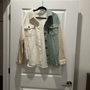 Teal, tan & cream color block shacket